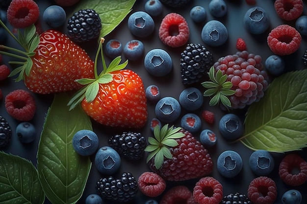 Fondo de arándanos fresas frambuesas IA generativa