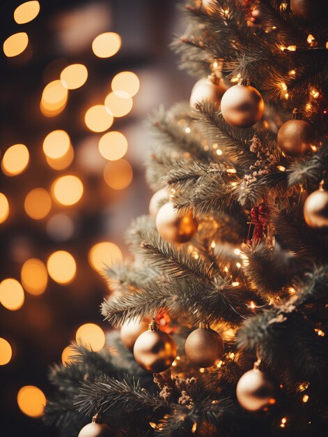 Foto el fondo del árbol decorado de navidad con luces bokeh