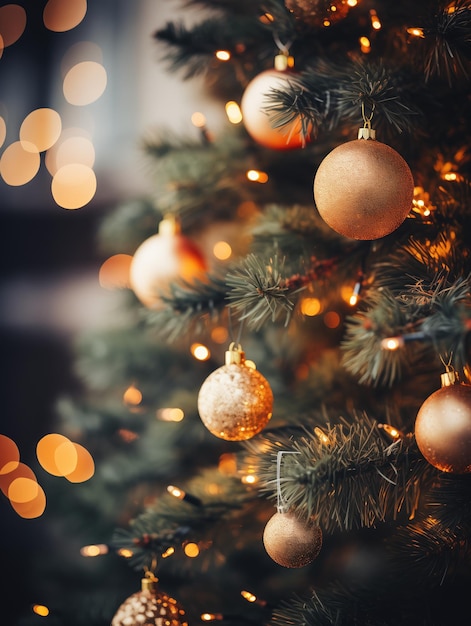 El fondo del árbol decorado de Navidad con luces bokeh