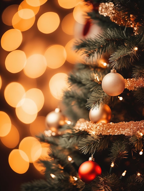 El fondo del árbol decorado de Navidad con luces bokeh