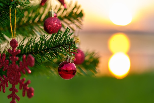 Fondo de árbol de Navidad y árbol de Navidad decorado sobre fondo borroso