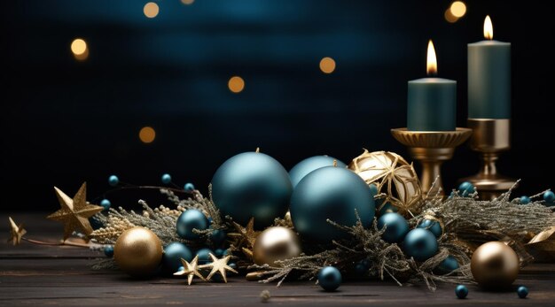un fondo de árbol de Navidad con bokeh y luces borrosas en una mesa de madera
