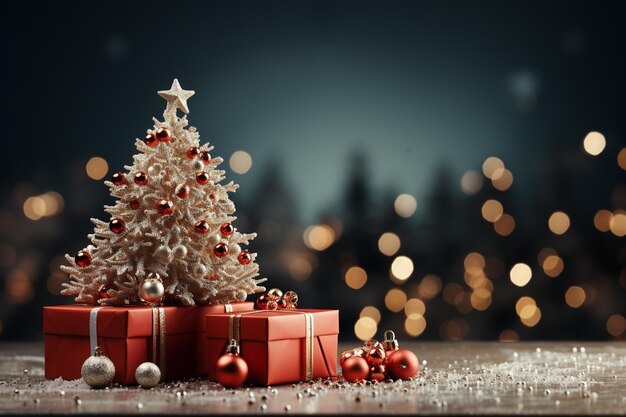 Foto el fondo del árbol de navidad y la caja de regalos roja en un fondo vacío de navidad con espacio de copia