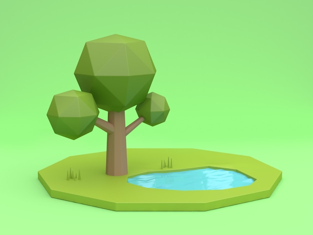 Fondo de árbol polivinílico baja 3D y estilo de dibujos animados de reflexión de estanque representación 3d