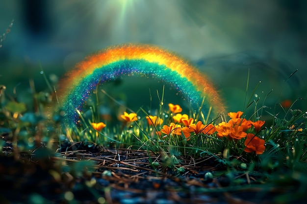 Fondo con arco iris de copia de espacio y flores