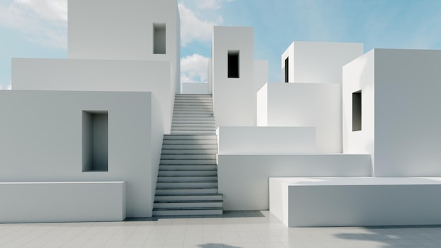 Fondo arquitectónico abstracto 3D Render Edificio moderno sobre fondo de cielo azul