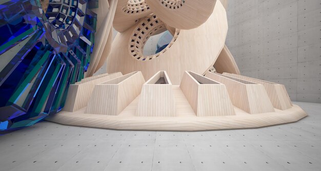 Fondo arquitectónico abstracto Interior hecho de hormigón de madera y vidrio Iluminación de neón 3D
