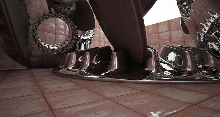 Foto fondo arquitectónico abstracto interior de metal oxidado con discos de hormigón ilustración 3d