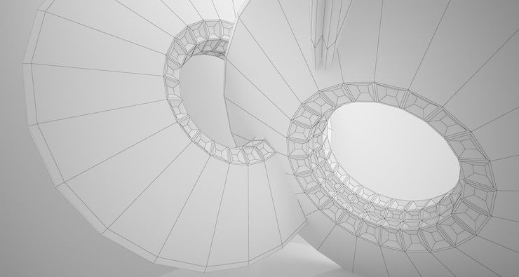 Foto fondo arquitectónico de dibujo abstracto interior blanco con discos e iluminación de neón 3d
