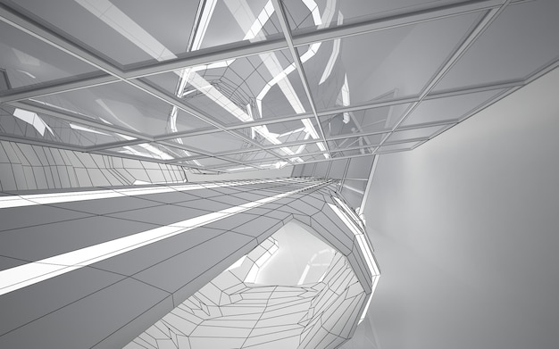 Fondo arquitectónico de dibujo abstracto. Interior blanco con discos e iluminación de neón. 3D