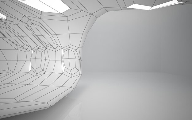 Fondo arquitectónico de dibujo abstracto. Interior blanco con discos e iluminación de neón. 3D