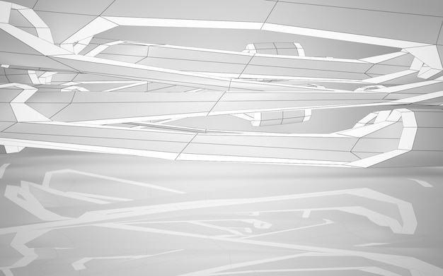 Fondo arquitectónico de dibujo abstracto. Interior blanco con discos e iluminación de neón. 3D