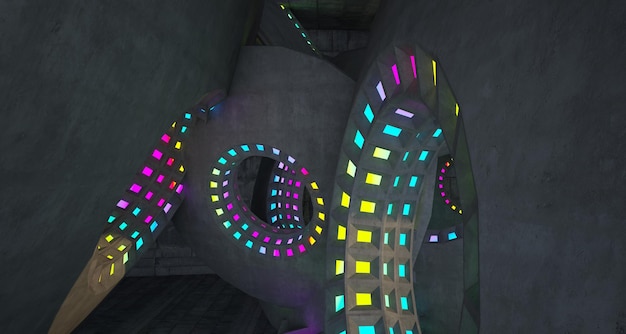 Fondo arquitectónico Interior de hormigón abstracto con discos Iluminación de neón degradada de color 3D
