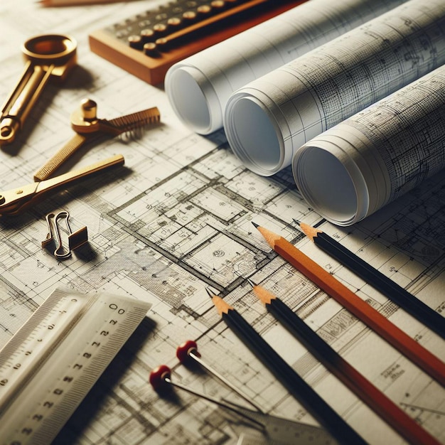 Fondo arquitectónico con planos, modelo de casa, calculadora y lápices Concepto de construcción