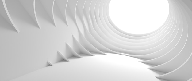 Fondo de arquitectura abstracta. Ilustración 3d del edificio circular blanco. Papel pintado geométrico moderno. Diseño de tecnología futurista. Representación 3d