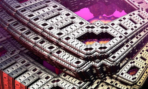 Fondo de arquitectura fractal de acero ahogándose en niebla rosa. Representación 3D.