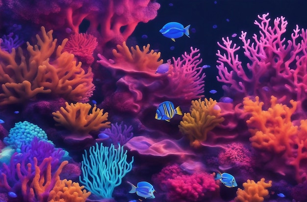 Fondo de arrecifes de coral con brillo de neón