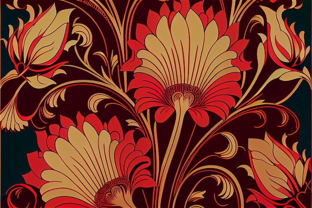 Fondo art deco en rojo con formas vegetales IA generativa