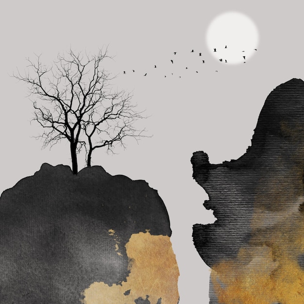 Fondo de arte abstracto de paisaje de tinta china y lavado. La moda de la pared de arte moderno.