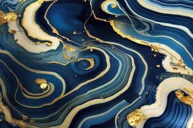 Fondo de arte abstracto con una textura fluida de mármol azul y oro Ilustración 3D espléndida Obra de arte abstracta de lujo en técnica de tinta de alcohol Patrón de remolino de onda dorada brillante sobre un fondo azul