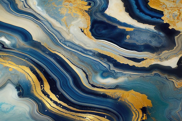 Fondo de arte abstracto con una textura fluida de mármol azul y oro Ilustración 3D espléndida Obra de arte abstracta de lujo en técnica de tinta de alcohol Patrón de remolino de onda dorada brillante sobre un fondo azul