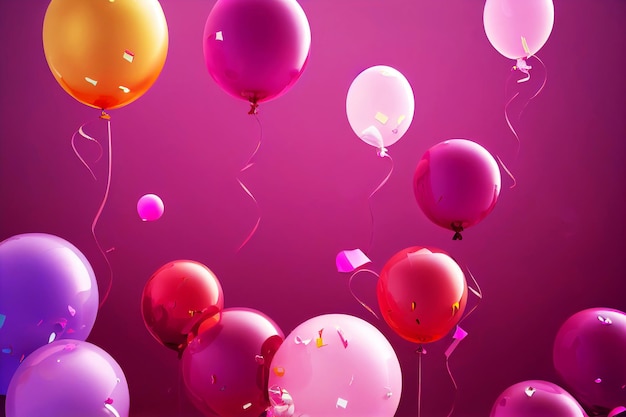 Fondo de arte generativo de celebración de globos de colores y confeti de AI