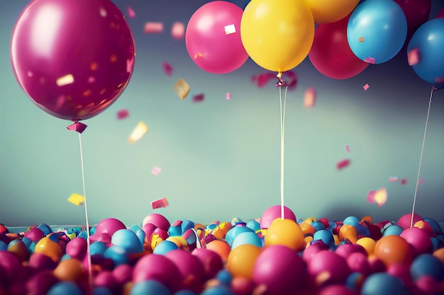 Fondo de arte generativo de celebración de globos de colores y confeti de AI