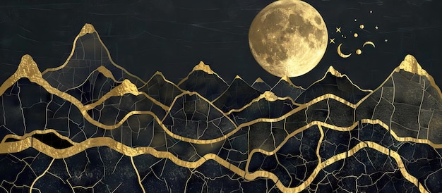 Fondo de arte de línea de montaña diseño de papel tapiz de oro de lujo para la portada invitación de fondo diseño de embalaje arte de pared e impresión ilustración generada por IA