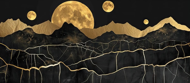 Fondo de arte de línea de montaña diseño de papel tapiz de oro de lujo para la portada invitación de fondo diseño de embalaje arte de pared e impresión ilustración generada por IA