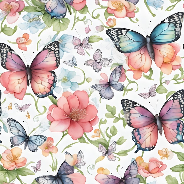 Fondo artístico con mariposas y flores en acuarela en diseño blanco con patrón sin costuras