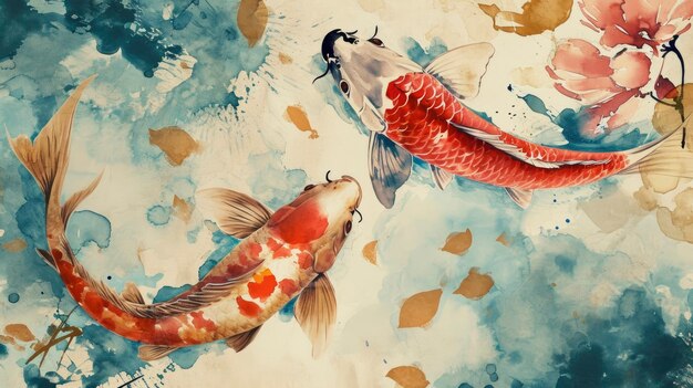 Foto fondo asiático estilo japonés oriental diseño de fondo de patrón abstracto con pescado koi decorar en textura de acuarela