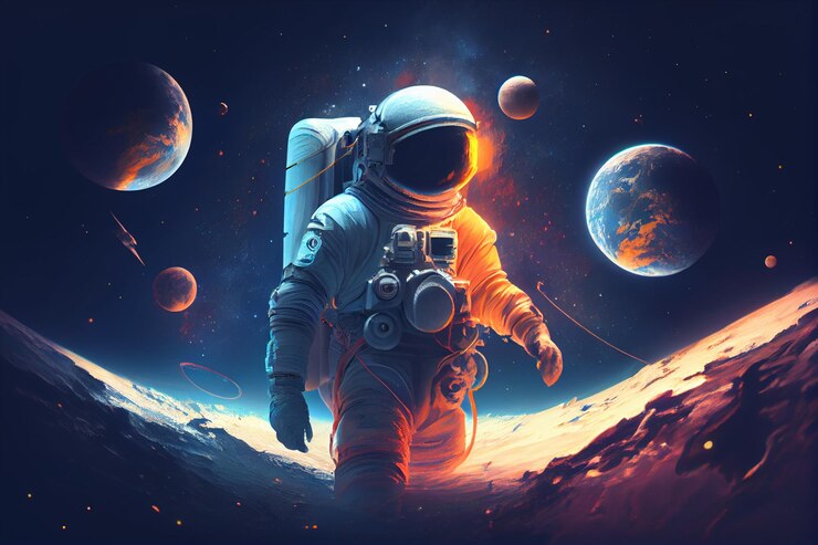 Fondo de un astronauta con planetas en spacegenerative ai