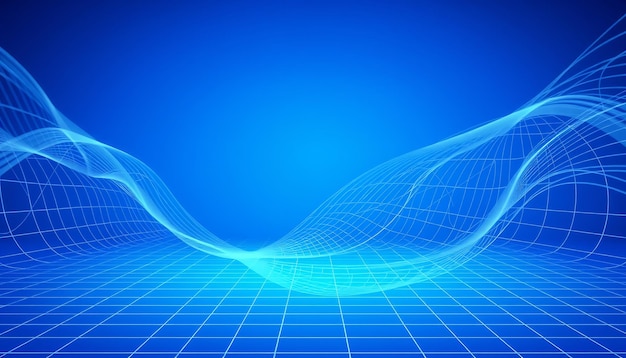 Fondo azul abstracto con cuadrícula blanca y líneas onduladas
