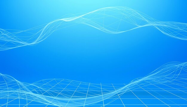 Fondo azul abstracto con cuadrícula blanca y líneas onduladas
