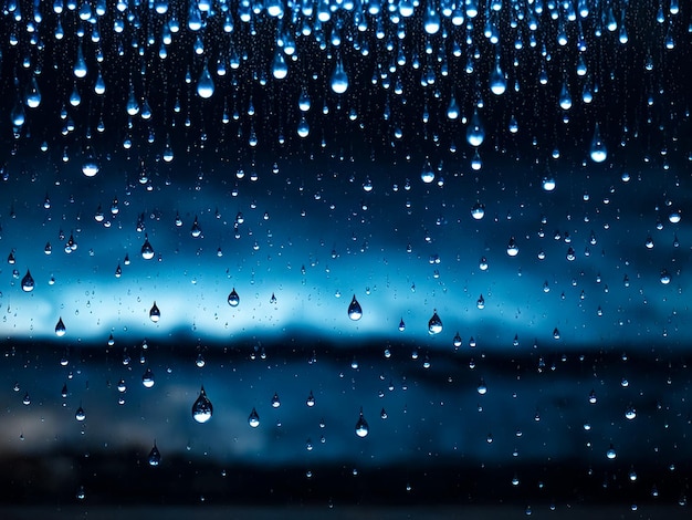 Fondo azul abstracto con gotas de lluvia en la ventana y la noche luz borrosa gotas de agua en el vidrio para fondos lluvioso otoño otoño tiempo fuera de la ventana es borroso bokeh agua de la ciudad de la noche