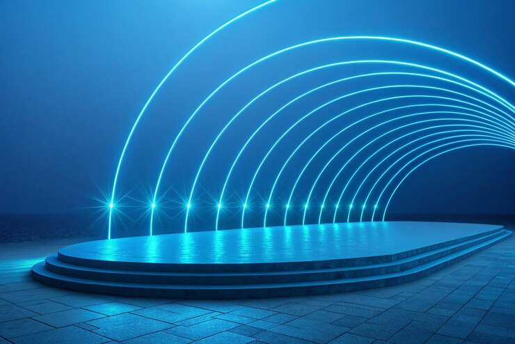 Fondo azul abstracto con líneas brillantes y una superficie curva