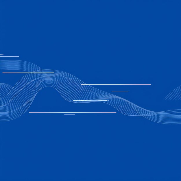 Fondo azul abstracto con líneas onduladas blancas y líneas delgadas de colores