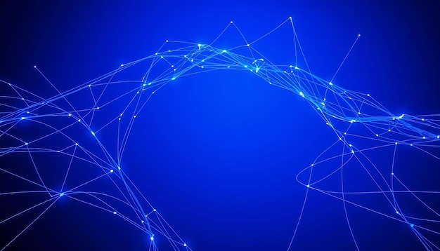 Fondo azul abstracto con líneas y puntos brillantes que crean un diseño moderno y futurista
