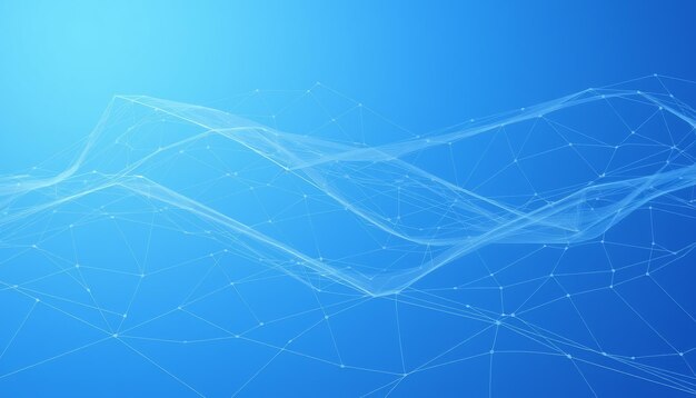 Fondo azul abstracto con una malla geométrica blanca conectada por puntos que crean un patrón de onda