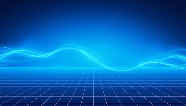 Fondo azul abstracto con ondas brillantes y cuadrícula