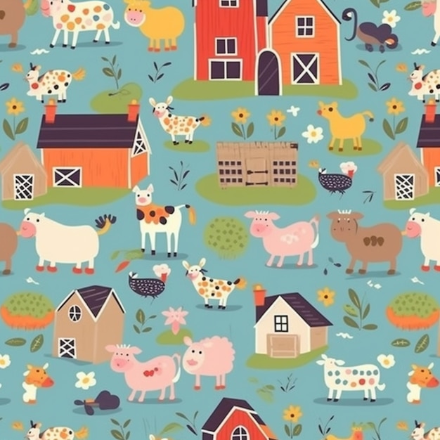 Un fondo azul con animales de granja y una casa.