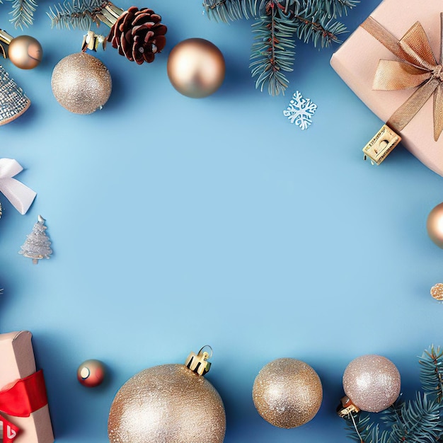 Un fondo azul con un árbol de navidad y regalos.