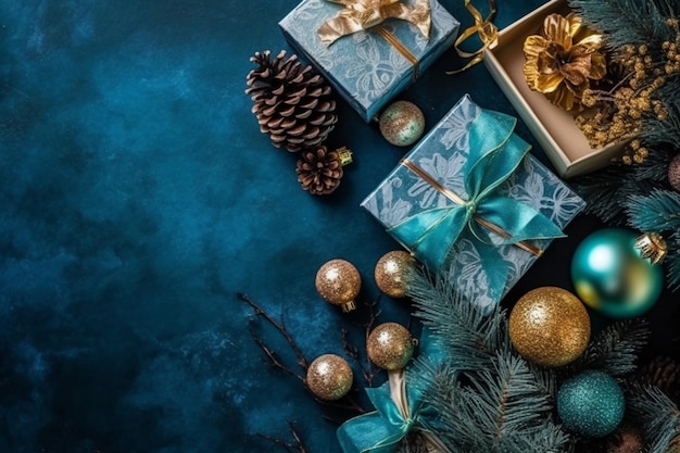 Un fondo azul con un árbol de navidad y regalos.