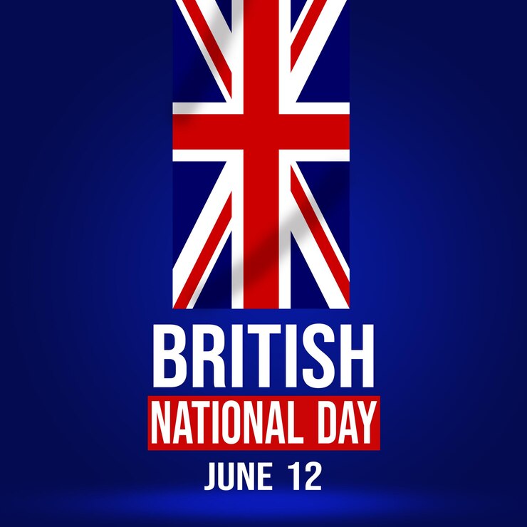 un fondo azul con una bandera y las palabras Día Nacional Británico