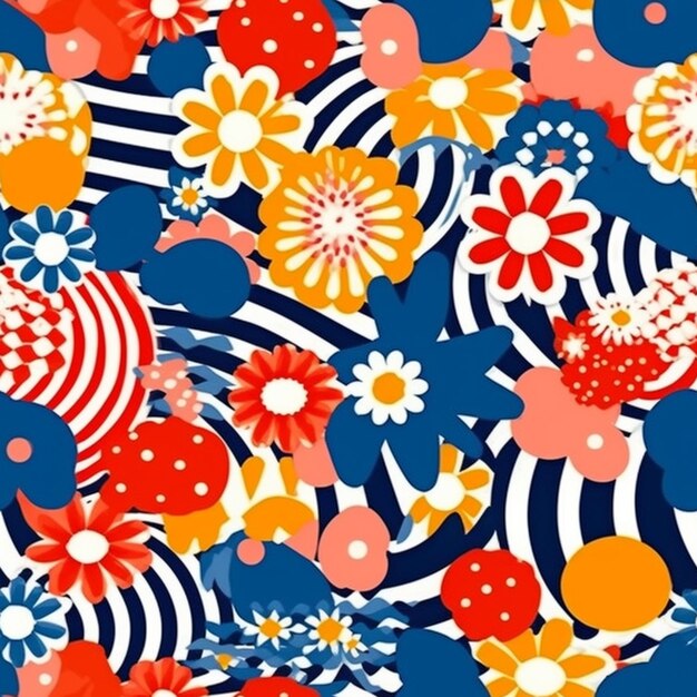 Un fondo azul y blanco con un patrón de flores y un círculo rojo y blanco.