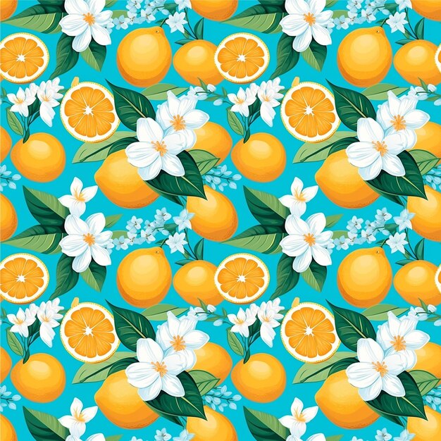 Foto un fondo azul y blanco con un patrón de naranjas y flores