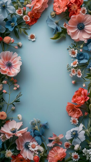 Fondo azul con un borde de flores y hojas