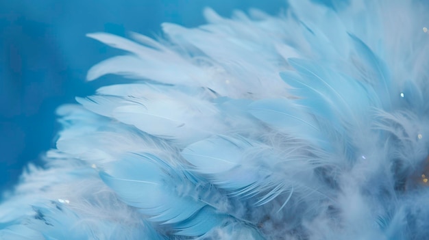 Un fondo azul brillante con una pluma blanca al estilo de pasteles suaves y de ensueño efectos de luz resplandecientes imágenes inspiradas en la naturaleza puntos focales suaves de cuento de hadas generan ai