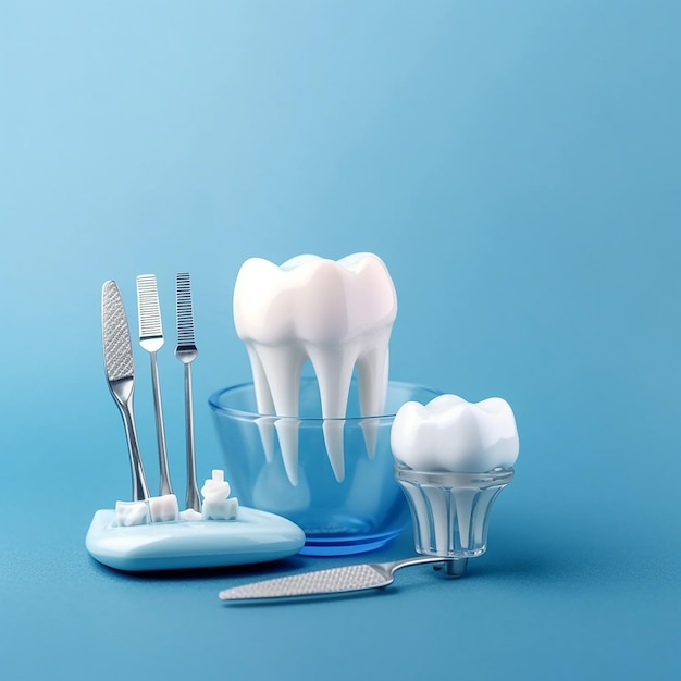 Un fondo azul con cepillos de dientes y un vaso con pasta de dientes.