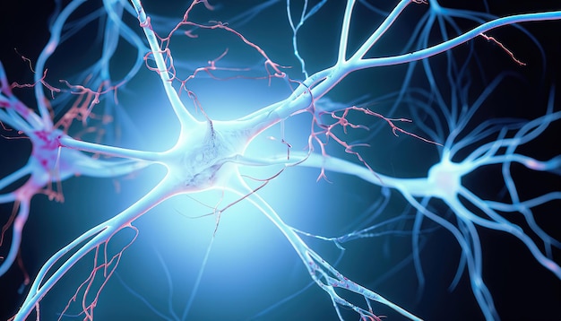 Un fondo azul con un cerebro y las palabras neurona en él